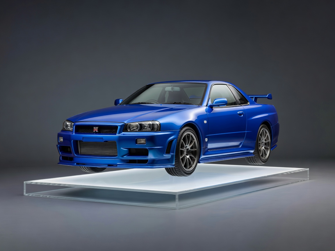 Nissan Skyline GT-R R34 in Bayside Blue floating card showcase